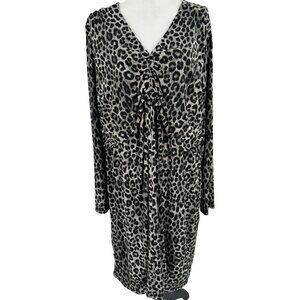 Michael Kors Knit Dress Animal Print Gray Black Vneck Gathered Long Sleeve 3X
